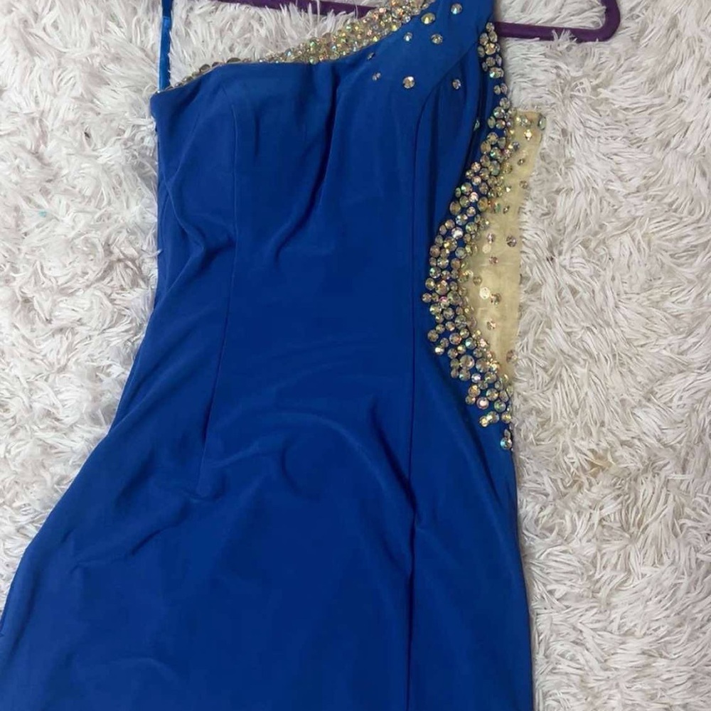 Blue Ruched One Shoulder Sheath Dress